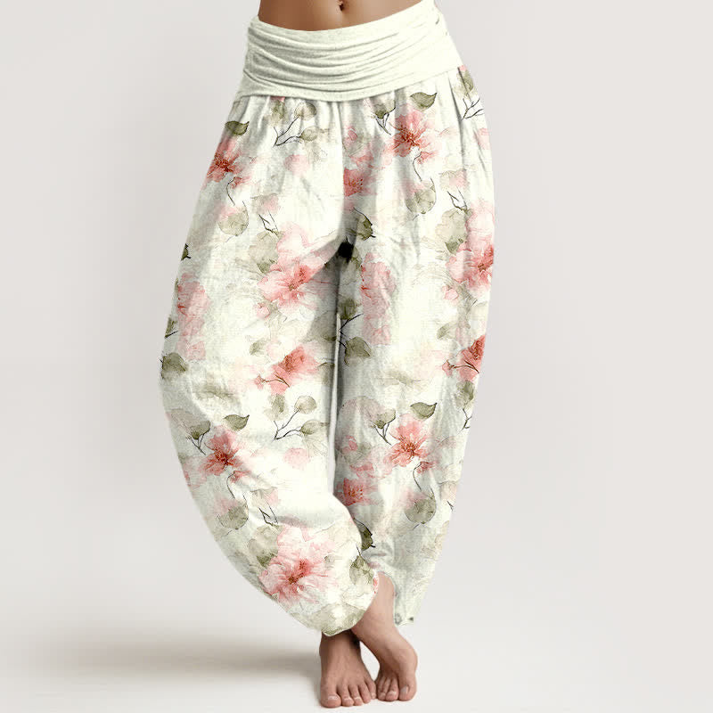 Nimara Ritual Cotton Watercolor Floral Leaf Pattern Women's Elastic Waist Harem Pants