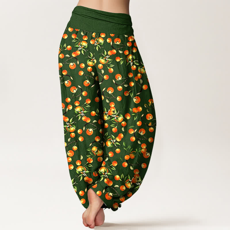 Nimara Ritual Pure Cotton Mandarin Fruit Leaf Pattern Women's Elastic Waist Harem Pants