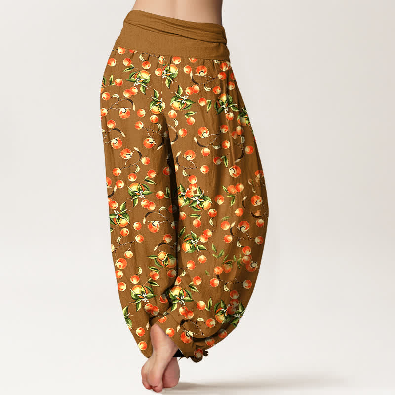 Nimara Ritual Pure Cotton Mandarin Fruit Leaf Pattern Women's Elastic Waist Harem Pants