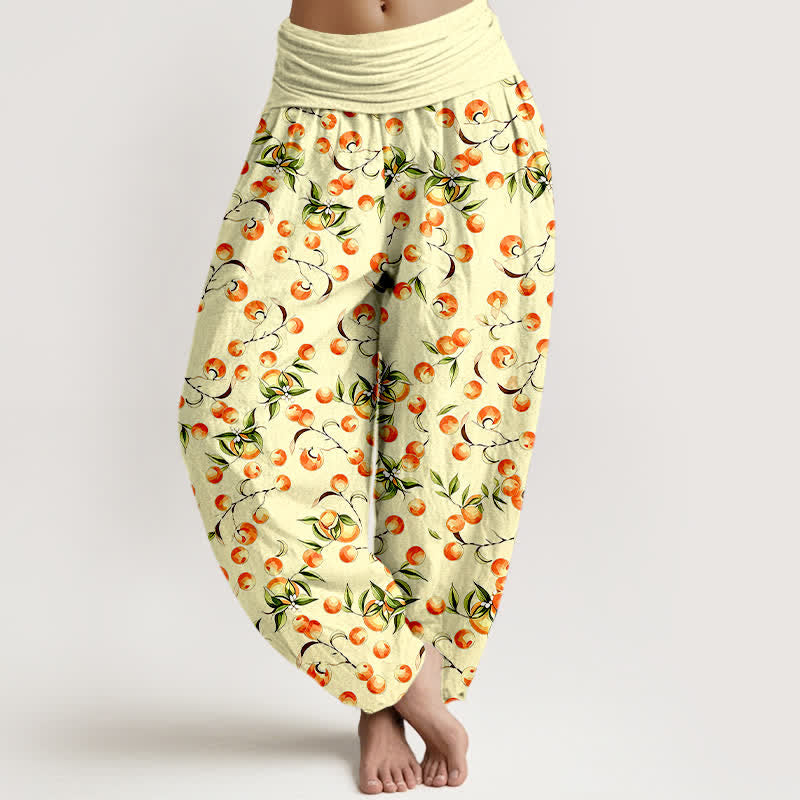 Nimara Ritual Pure Cotton Mandarin Fruit Leaf Pattern Women's Elastic Waist Harem Pants