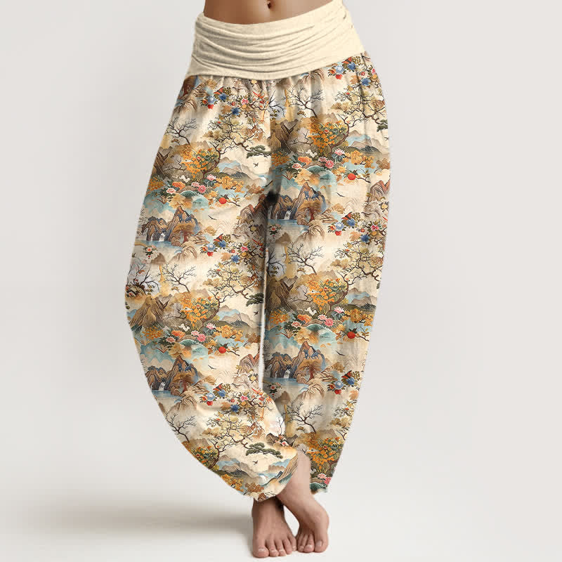 Nimara Ritual Cotton Oriental Landscape Pattern Women's Elastic Waist Harem Pants