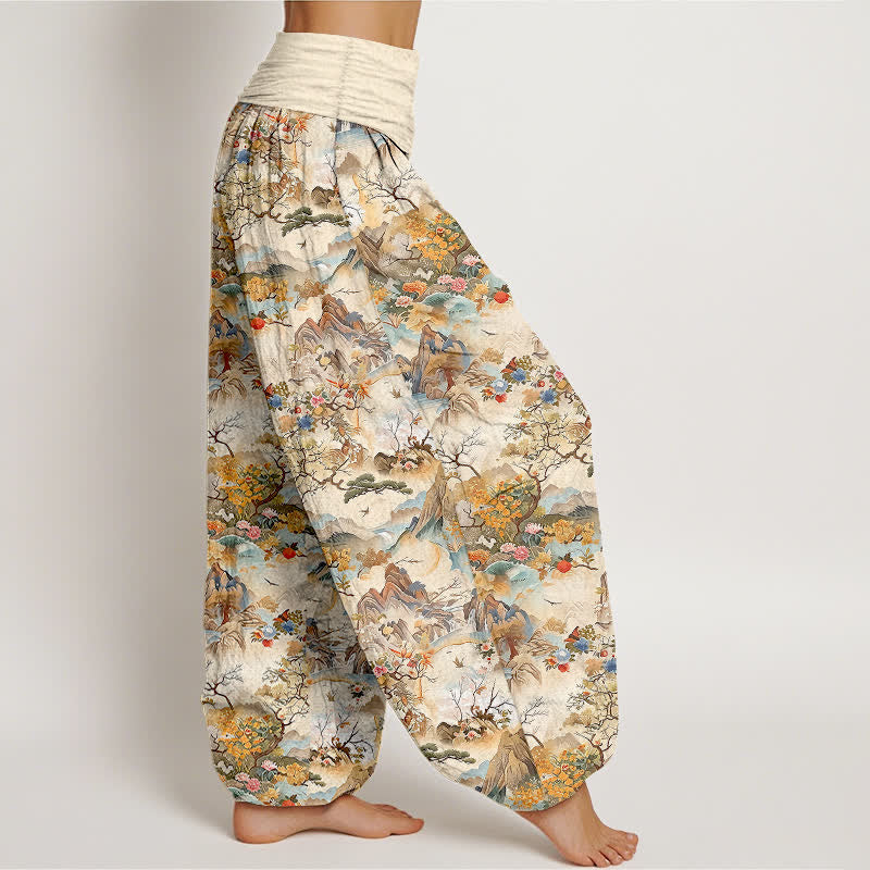 Nimara Ritual Cotton Oriental Landscape Pattern Women's Elastic Waist Harem Pants