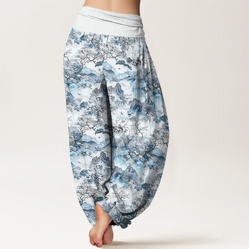 Nimara Ritual Cotton Oriental Landscape Pattern Women's Elastic Waist Harem Pants