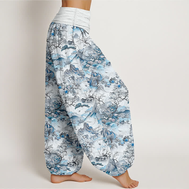 Nimara Ritual Cotton Oriental Landscape Pattern Women's Elastic Waist Harem Pants