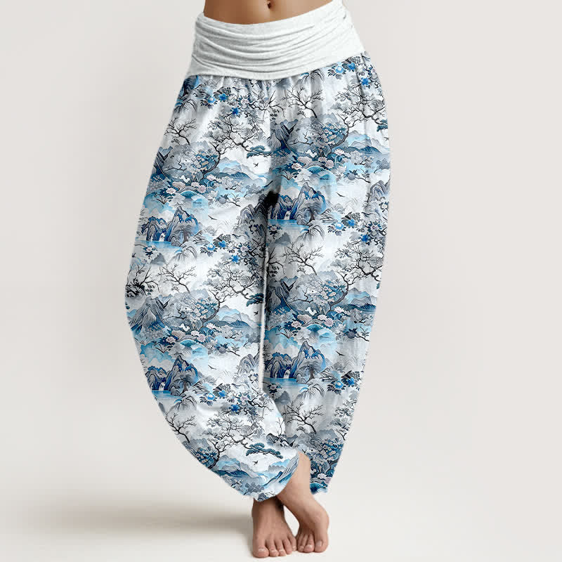 Nimara Ritual Cotton Oriental Landscape Pattern Women's Elastic Waist Harem Pants