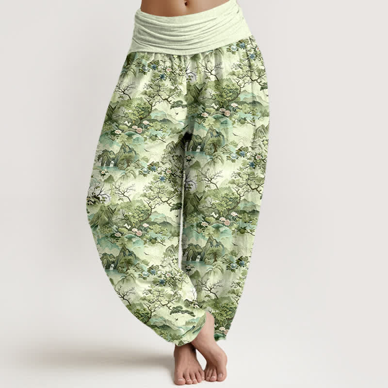 Nimara Ritual Cotton Oriental Landscape Pattern Women's Elastic Waist Harem Pants