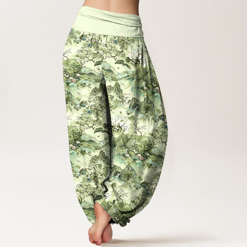 Nimara Ritual Cotton Oriental Landscape Pattern Women's Elastic Waist Harem Pants