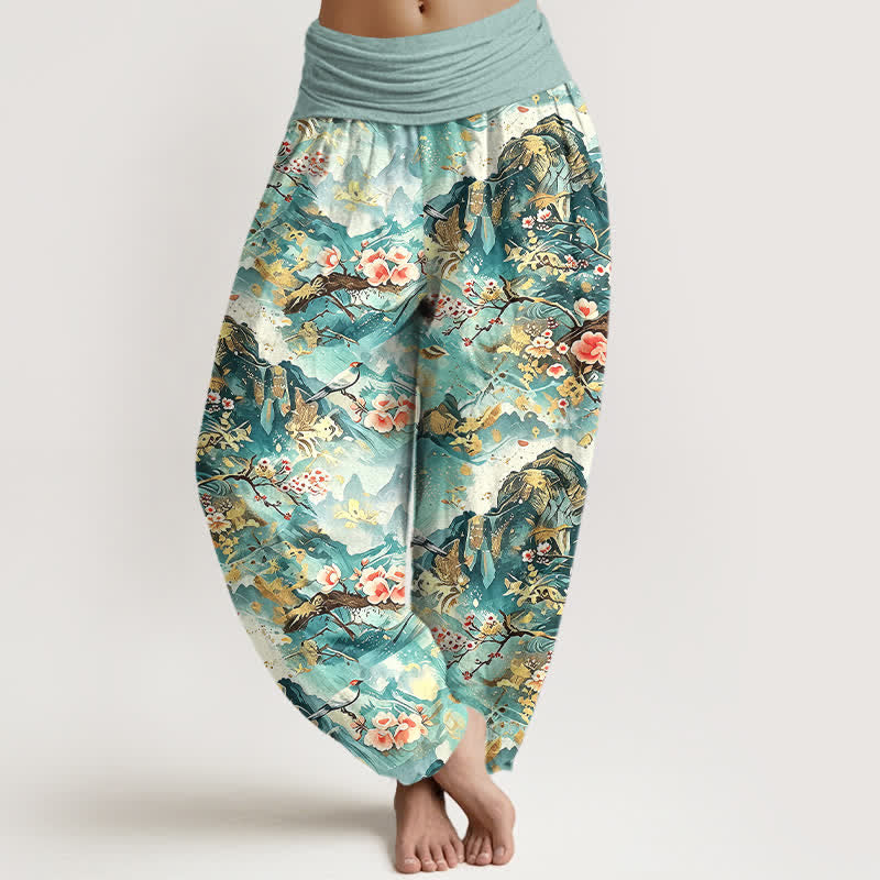 Nimara Ritual Pure Cotton Oriental Landscape Floral Pattern Women's Elastic Waist Harem Pants