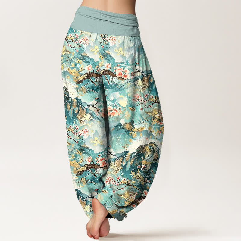 Nimara Ritual Pure Cotton Oriental Landscape Floral Pattern Women's Elastic Waist Harem Pants