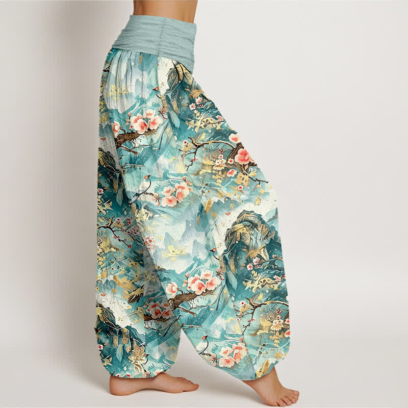 Nimara Ritual Pure Cotton Oriental Landscape Floral Pattern Women's Elastic Waist Harem Pants