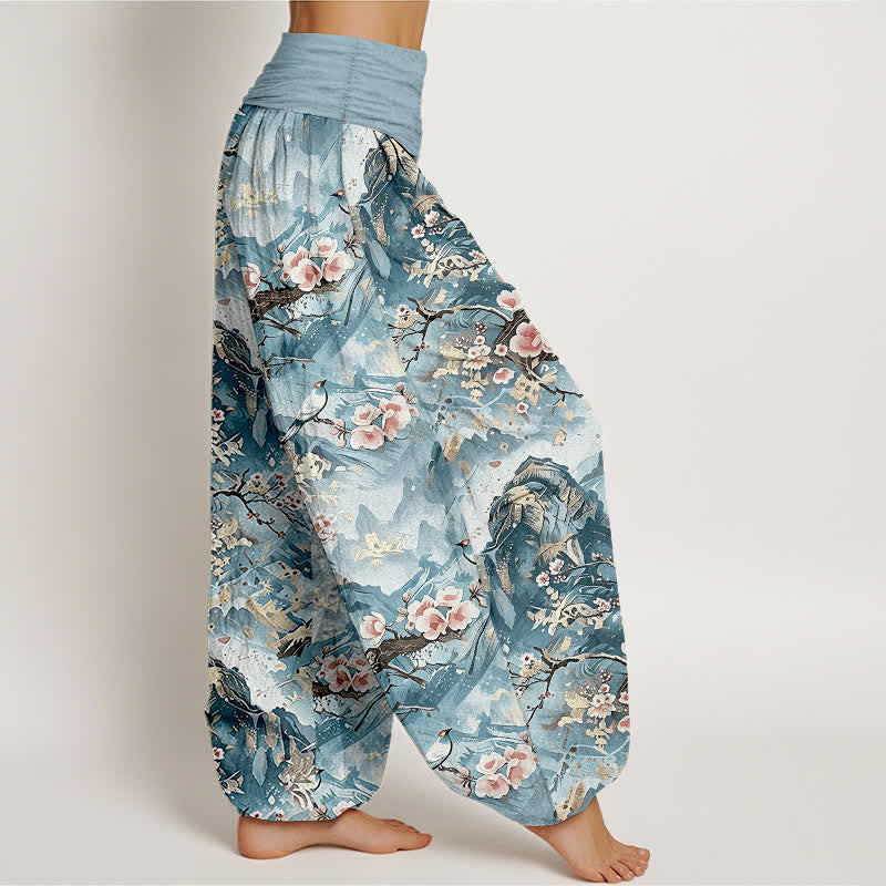 Nimara Ritual Pure Cotton Oriental Landscape Floral Pattern Women's Elastic Waist Harem Pants