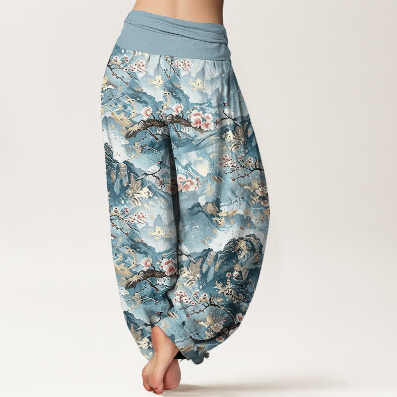 Nimara Ritual Pure Cotton Oriental Landscape Floral Pattern Women's Elastic Waist Harem Pants