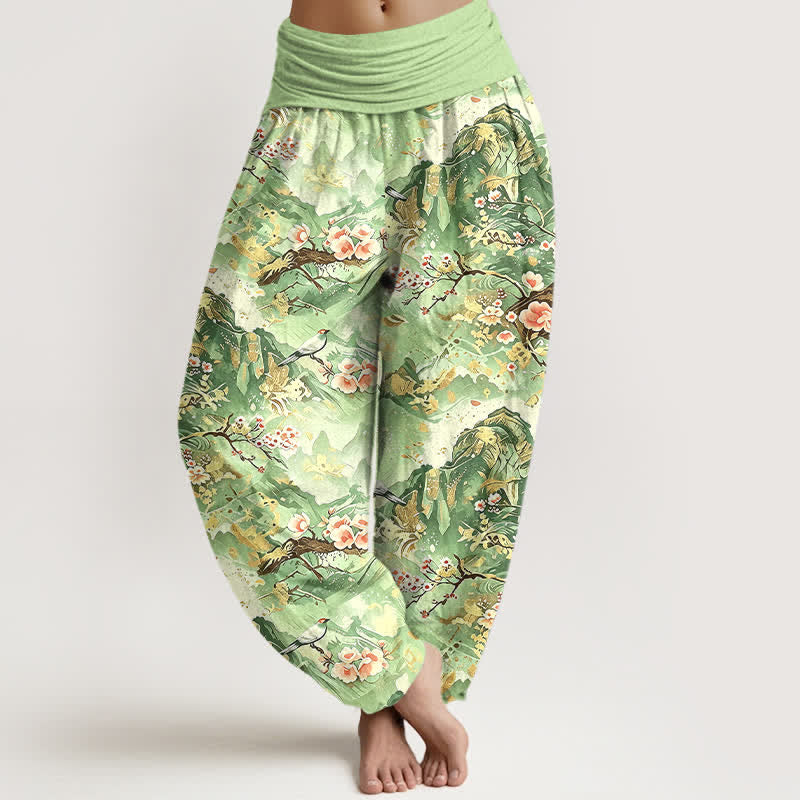Nimara Ritual Pure Cotton Oriental Landscape Floral Pattern Women's Elastic Waist Harem Pants