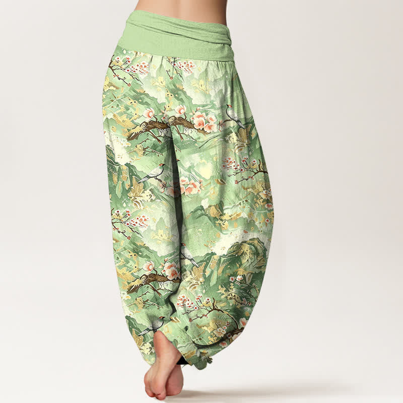 Nimara Ritual Pure Cotton Oriental Landscape Floral Pattern Women's Elastic Waist Harem Pants