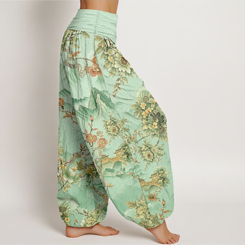 Nimara Ritual Cotton Oriental Mountain Floral Pattern Women's Elastic Waist Harem Pants