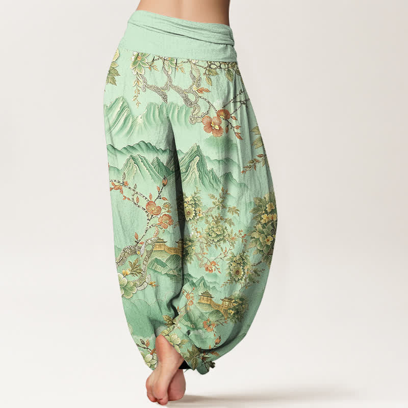 Nimara Ritual Cotton Oriental Mountain Floral Pattern Women's Elastic Waist Harem Pants
