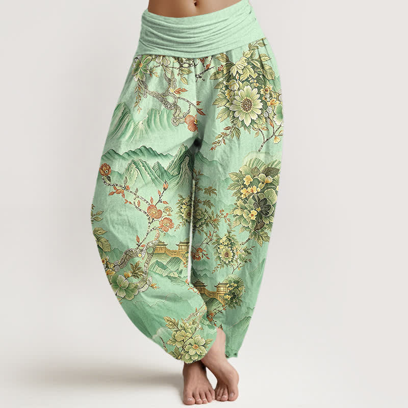 Nimara Ritual Cotton Oriental Mountain Floral Pattern Women's Elastic Waist Harem Pants
