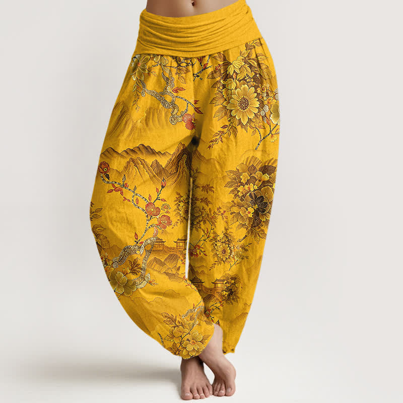Nimara Ritual Cotton Oriental Mountain Floral Pattern Women's Elastic Waist Harem Pants