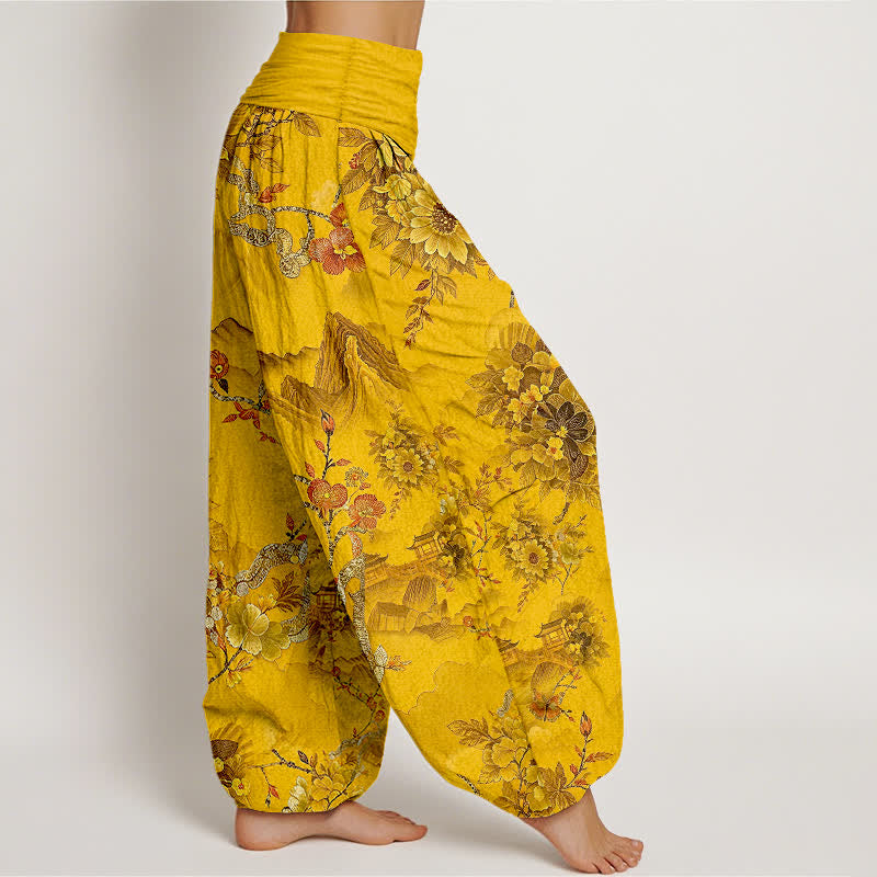 Nimara Ritual Cotton Oriental Mountain Floral Pattern Women's Elastic Waist Harem Pants