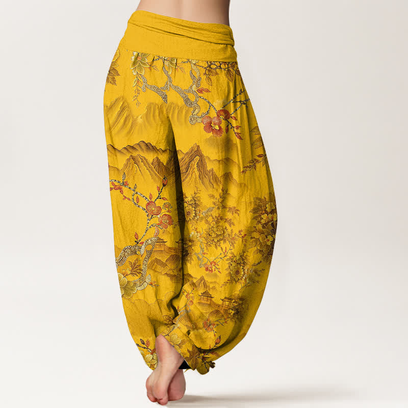 Nimara Ritual Cotton Oriental Mountain Floral Pattern Women's Elastic Waist Harem Pants