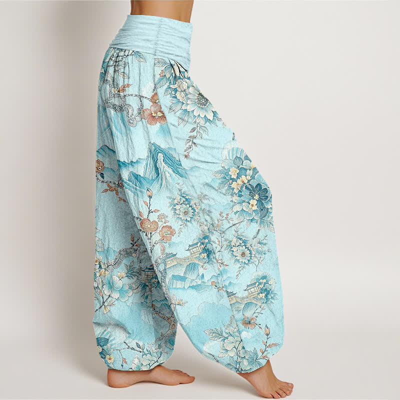 Nimara Ritual Cotton Oriental Mountain Floral Pattern Women's Elastic Waist Harem Pants