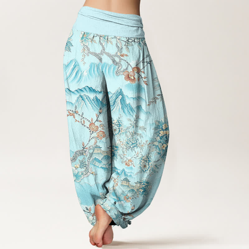 Nimara Ritual Cotton Oriental Mountain Floral Pattern Women's Elastic Waist Harem Pants