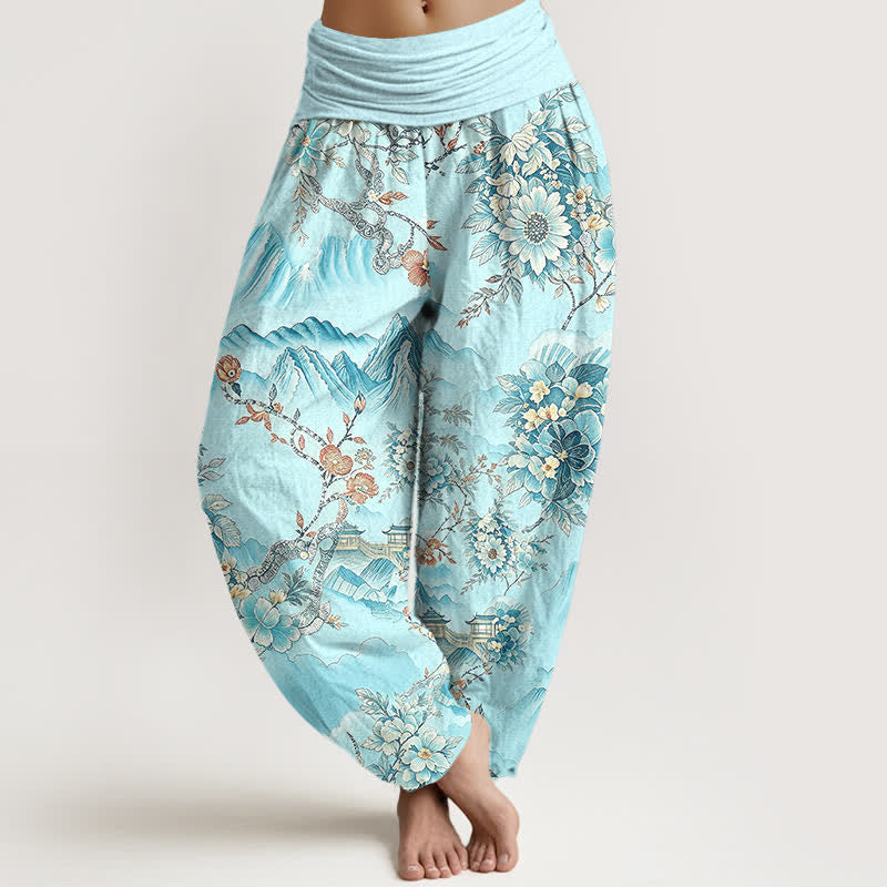Nimara Ritual Cotton Oriental Mountain Floral Pattern Women's Elastic Waist Harem Pants