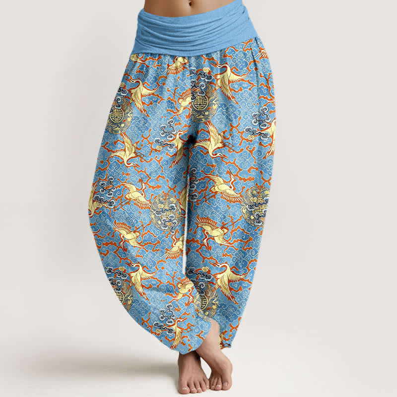 Nimara Ritual Pure Cotton White Crane Cloud Pattern Women's Elastic Waist Harem Pants