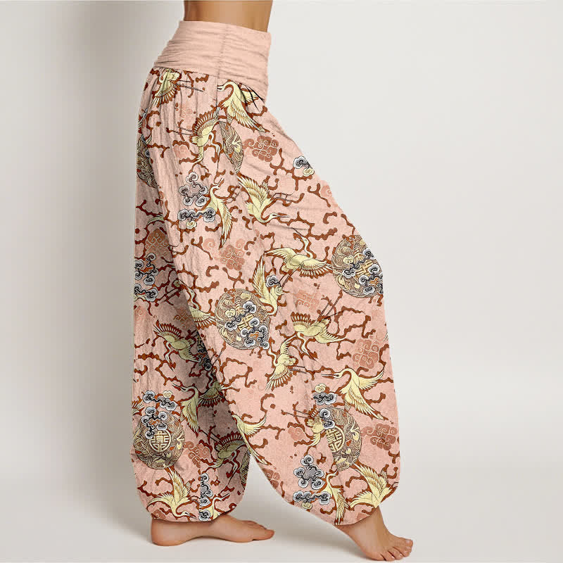 Nimara Ritual Pure Cotton White Crane Cloud Pattern Women's Elastic Waist Harem Pants