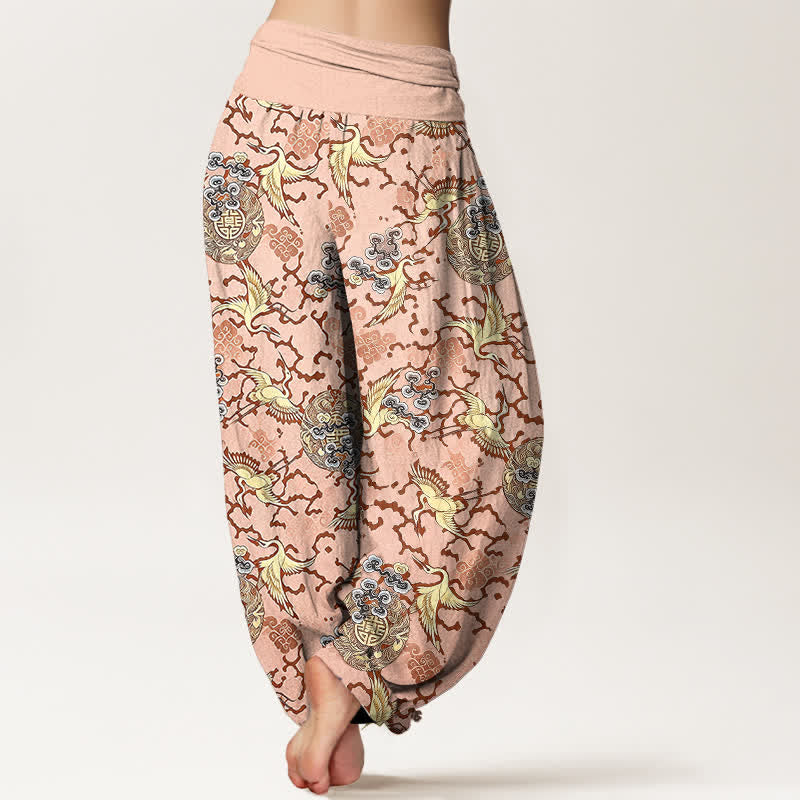 Nimara Ritual Pure Cotton White Crane Cloud Pattern Women's Elastic Waist Harem Pants