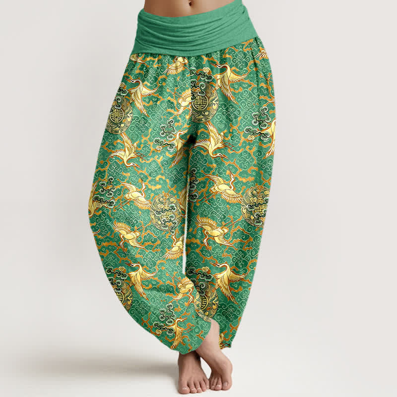 Nimara Ritual Pure Cotton White Crane Cloud Pattern Women's Elastic Waist Harem Pants