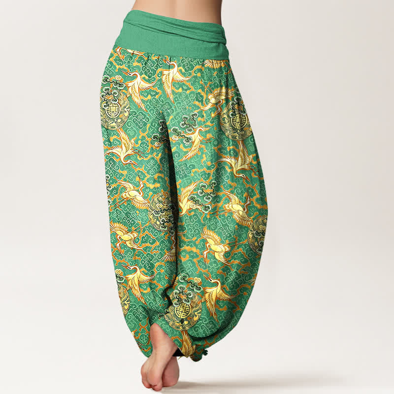 Nimara Ritual Pure Cotton White Crane Cloud Pattern Women's Elastic Waist Harem Pants