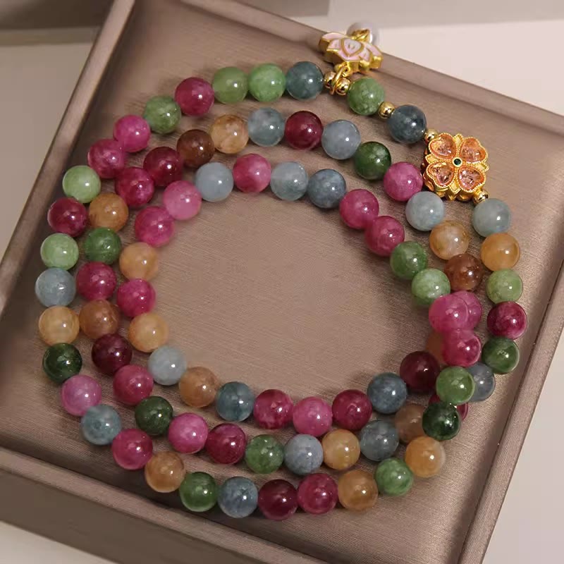 Nimara Ritual Rainbow Tourmaline Lotus Wisdom Triple Wrap Beaded Charm Bracelet