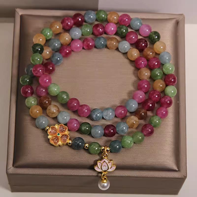 Nimara Ritual Rainbow Tourmaline Lotus Wisdom Triple Wrap Beaded Charm Bracelet