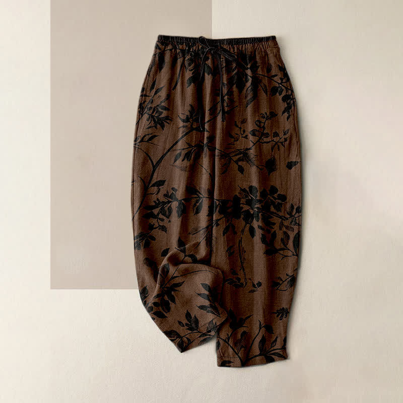Nimara Ritual Pure Cotton Black Botanical Leaf Pattern Women's Elastic Waist Pants With Pockets