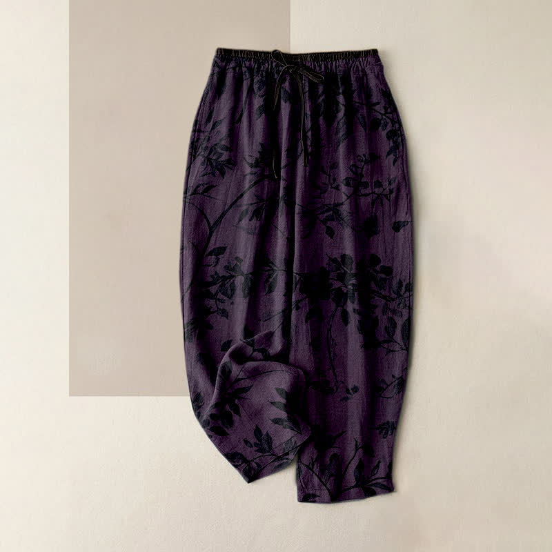 Nimara Ritual Pure Cotton Black Botanical Leaf Pattern Women's Elastic Waist Pants With Pockets