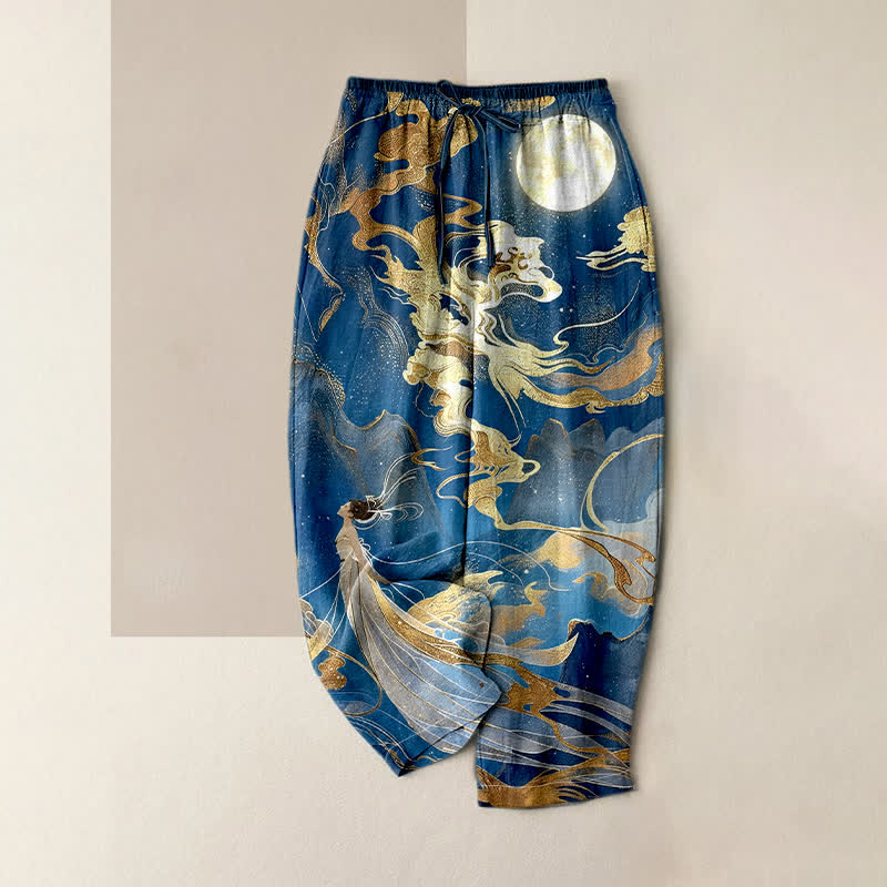 Nimara Ritual Pure Cotton Fairy Golden Moon Cloud Landscape Pattern Women's Elastic Waist Pants With Pockets