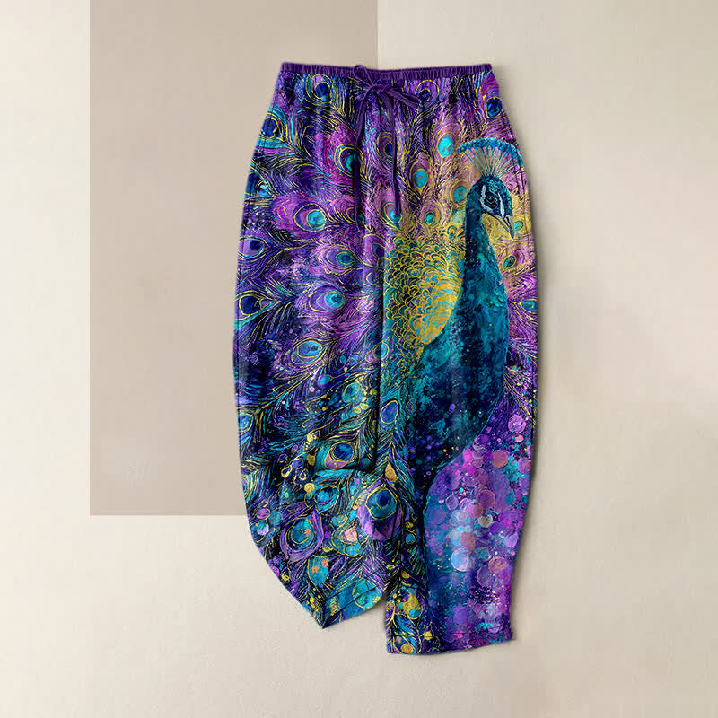 Nimara Ritual Pure Cotton Peacock Feather Pattern Women's Elastic Waist Pants With Pockets