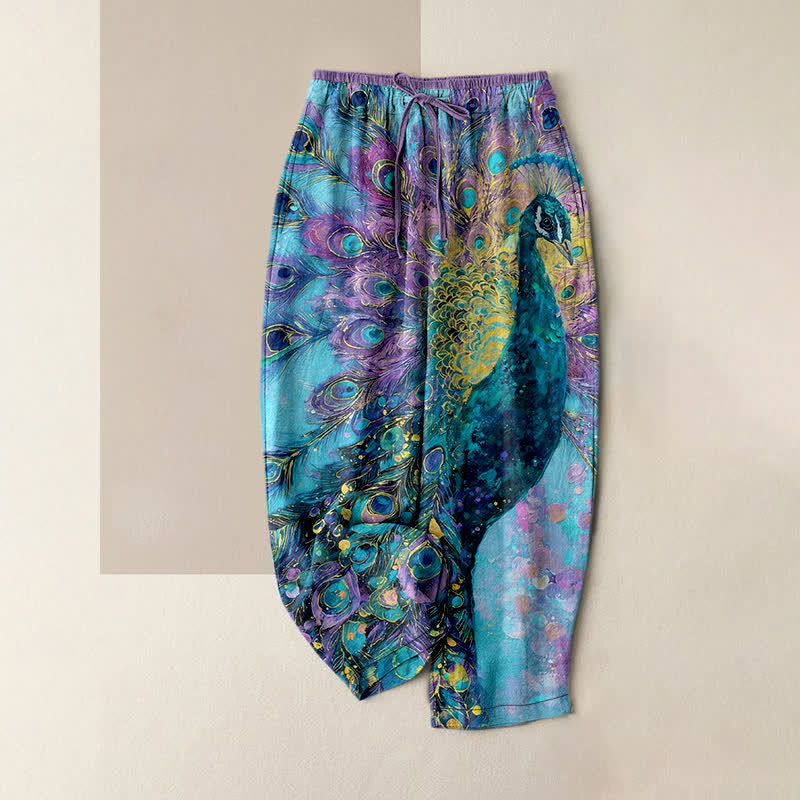 Nimara Ritual Pure Cotton Peacock Feather Pattern Women's Elastic Waist Pants With Pockets