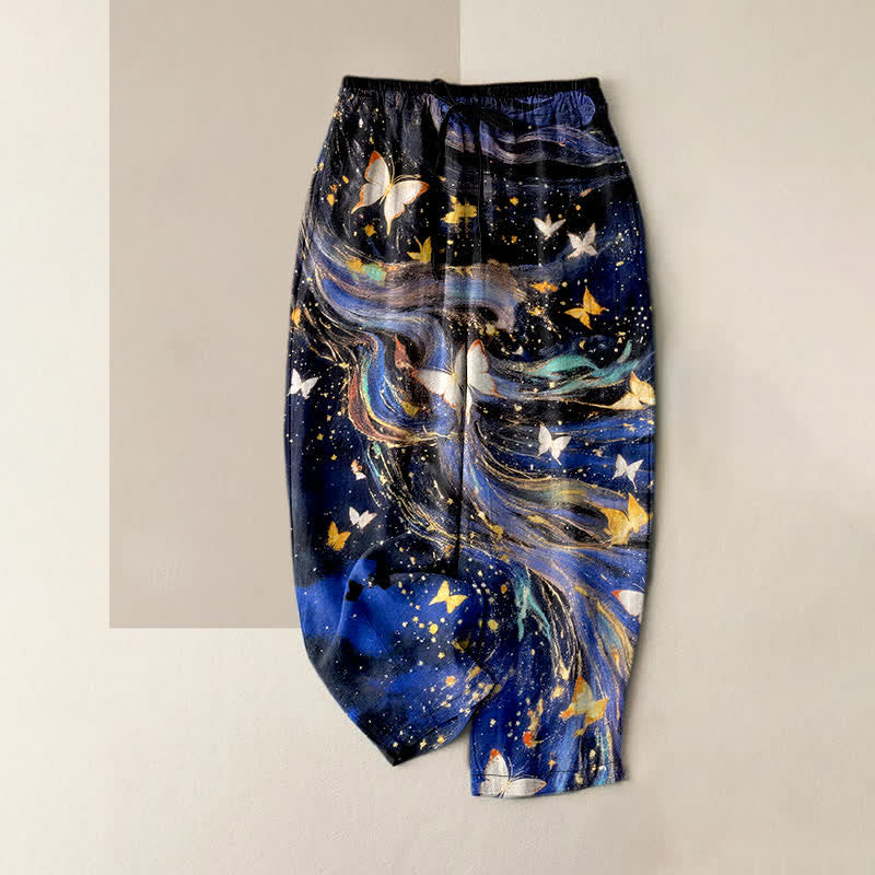 Nimara Ritual Cotton Starry Butterfly Ribbon Pattern Women's Elastic Waist Pants With Pockets