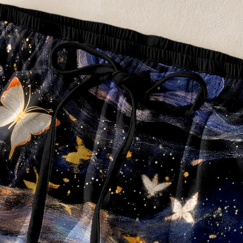 Nimara Ritual Cotton Starry Butterfly Ribbon Pattern Women's Elastic Waist Pants With Pockets