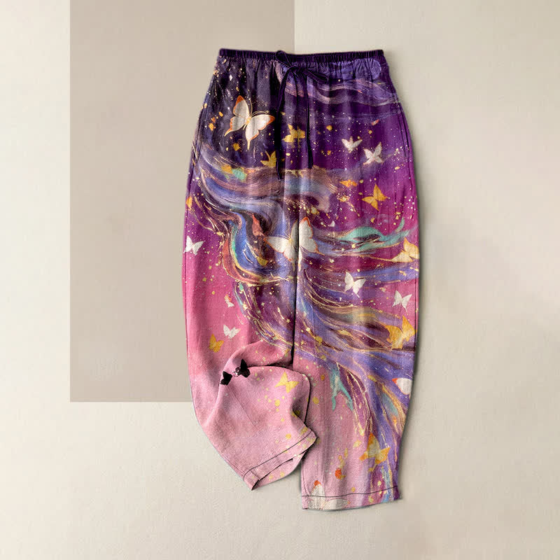 Nimara Ritual Cotton Starry Butterfly Ribbon Pattern Women's Elastic Waist Pants With Pockets