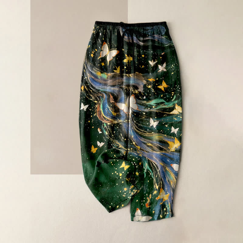 Nimara Ritual Cotton Starry Butterfly Ribbon Pattern Women's Elastic Waist Pants With Pockets