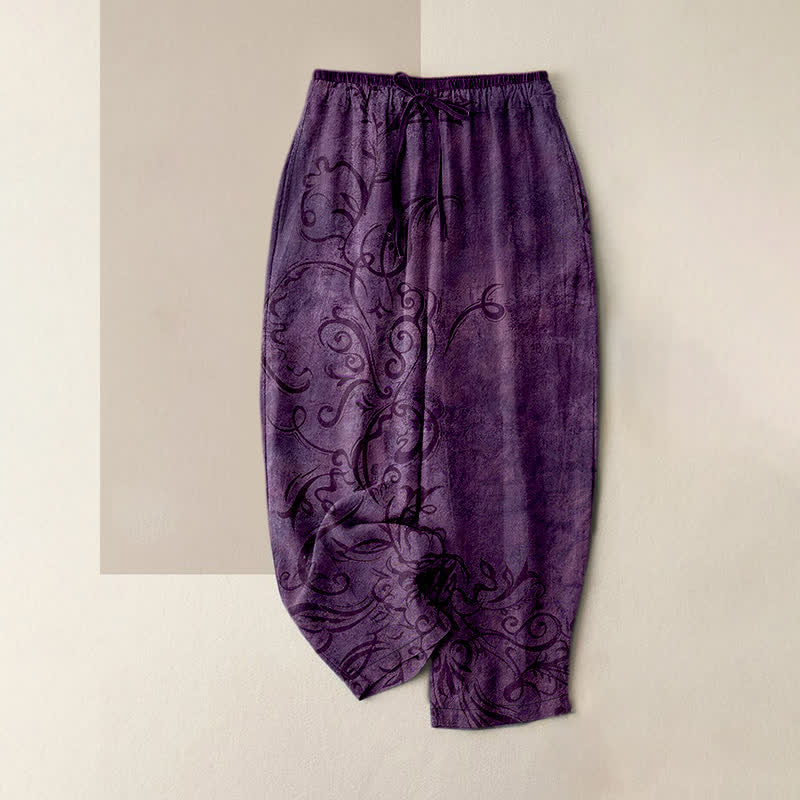 Nimara Ritual Cotton Velvet Vine Scroll Pattern Women's Elastic Waist Pants With Pockets