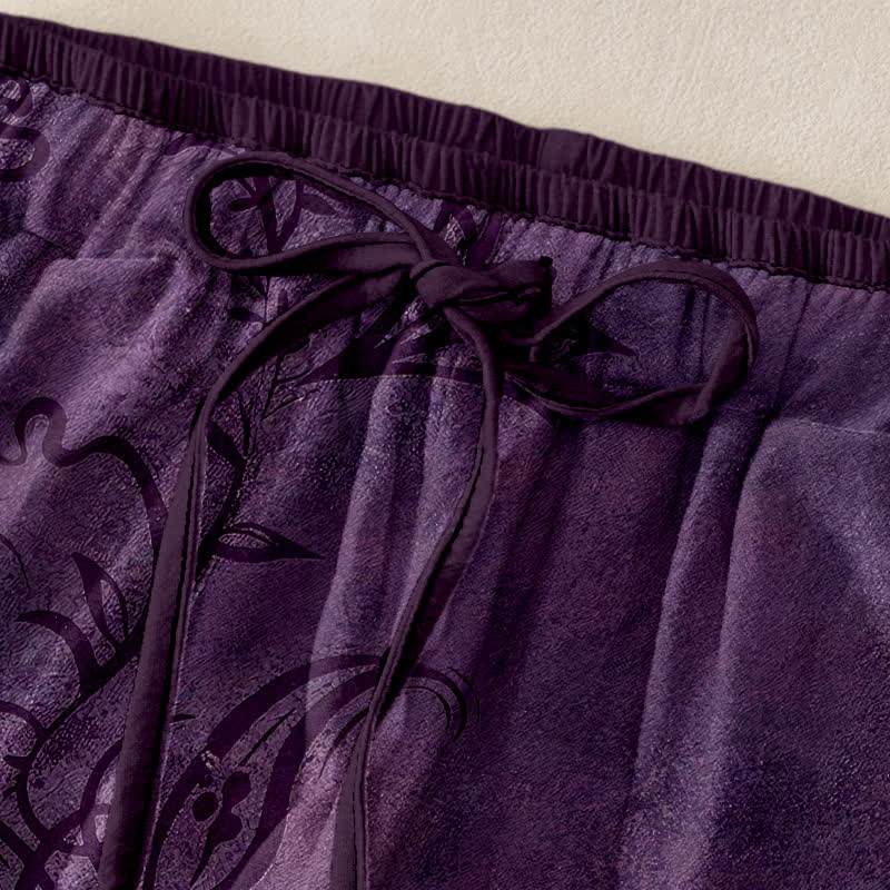 Nimara Ritual Cotton Velvet Vine Scroll Pattern Women's Elastic Waist Pants With Pockets