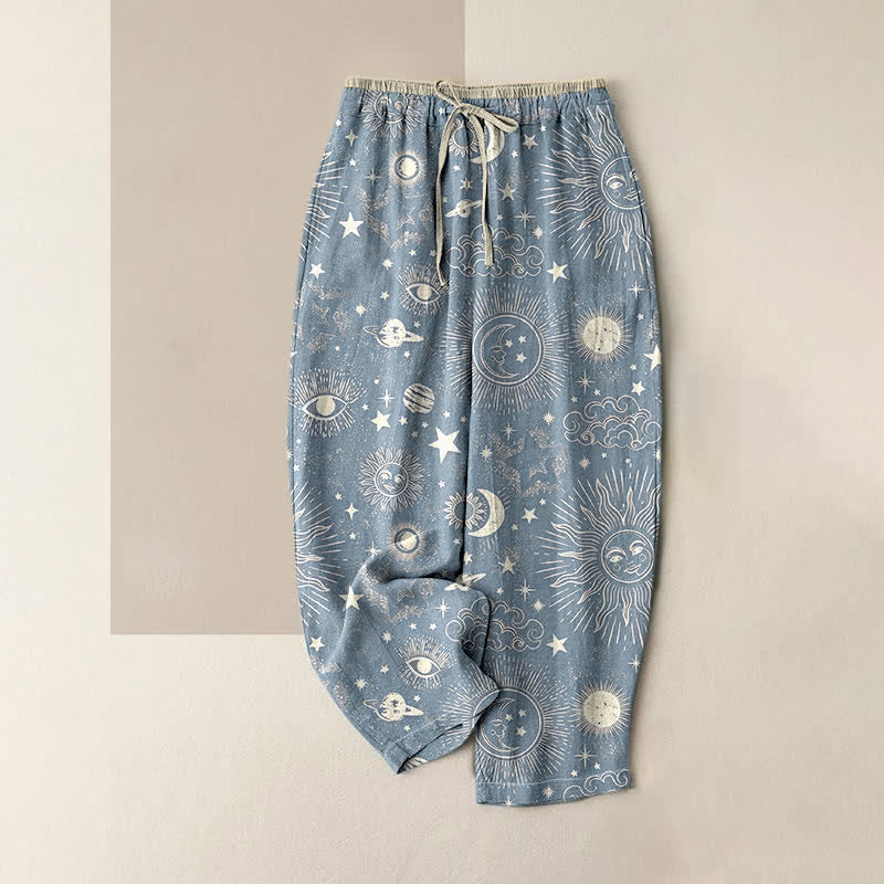 Nimara Ritual Pure Cotton Celestial Sun Moon Stars Pattern Women's Elastic Waist Pants With Pockets