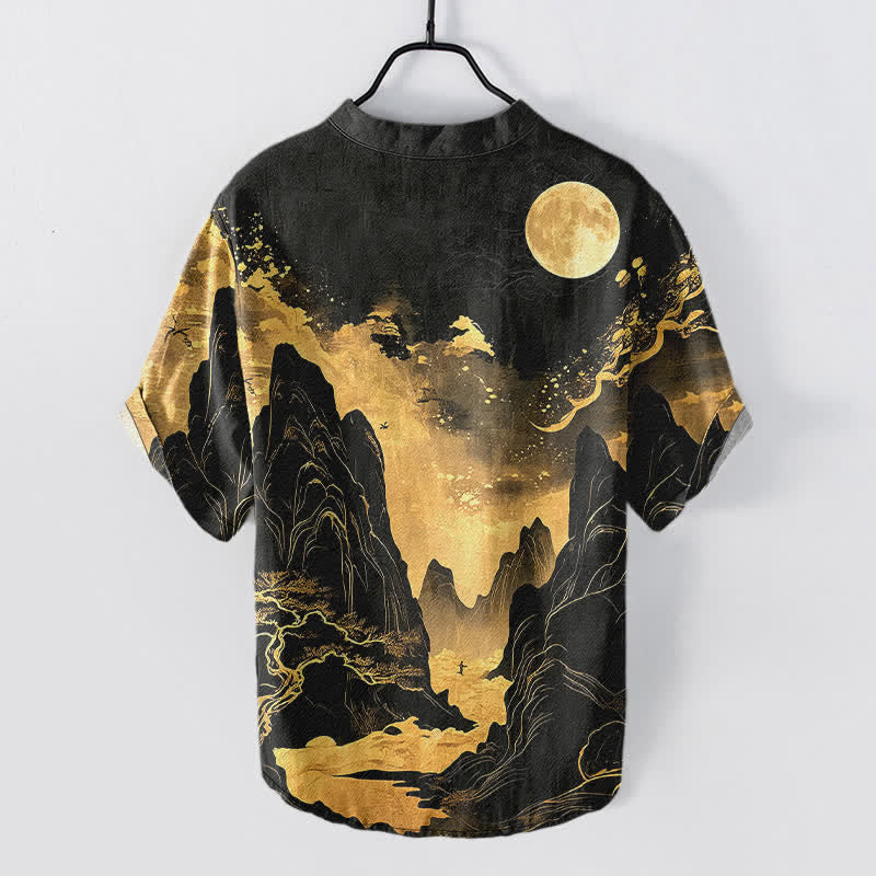 Nimara Ritual Cotton Golden Moon Landscape Pattern Men's Short Sleeve Half Button Shirt
