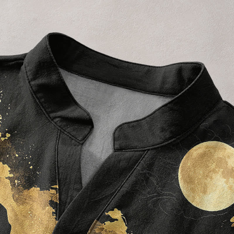 Nimara Ritual Cotton Golden Moon Landscape Pattern Men's Short Sleeve Half Button Shirt