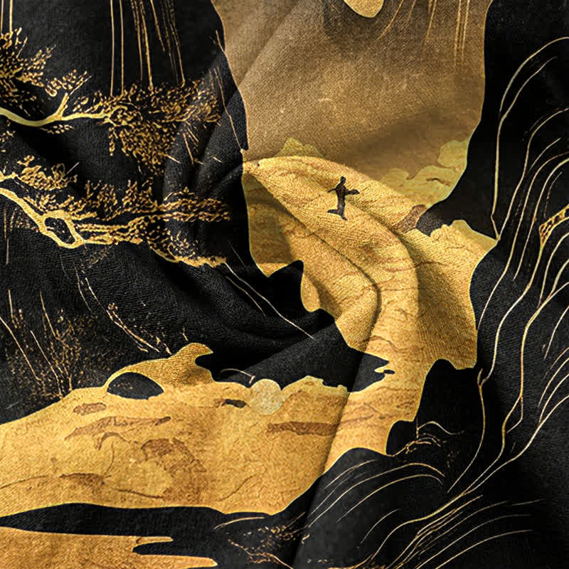 Nimara Ritual Cotton Golden Moon Landscape Pattern Men's Short Sleeve Half Button Shirt