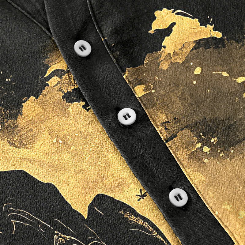 Nimara Ritual Cotton Golden Moon Landscape Pattern Men's Short Sleeve Half Button Shirt